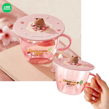 360Ml Anime Brown Bear Transparent Glass Cup with Lid Kawaii Pink Girls Milk Coffee Heat Insulation Water Mug Valentine Day Gift