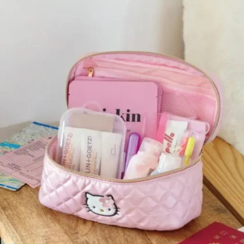 Miniso Sanrio Hello Kitty Cosmetic Bag Anime Bow Make Up Brush Large Capacity Storage Bags Portable Kawaii Waterproof Handbag