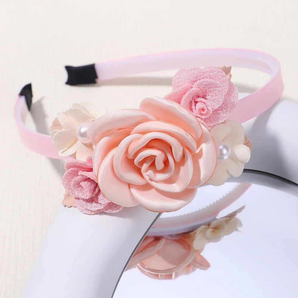 Handmade Head Flower Girls Headbands Baby Hairband Pearl Feather Wedding Princess Kids Dance Party Headwear Newborn Accessories