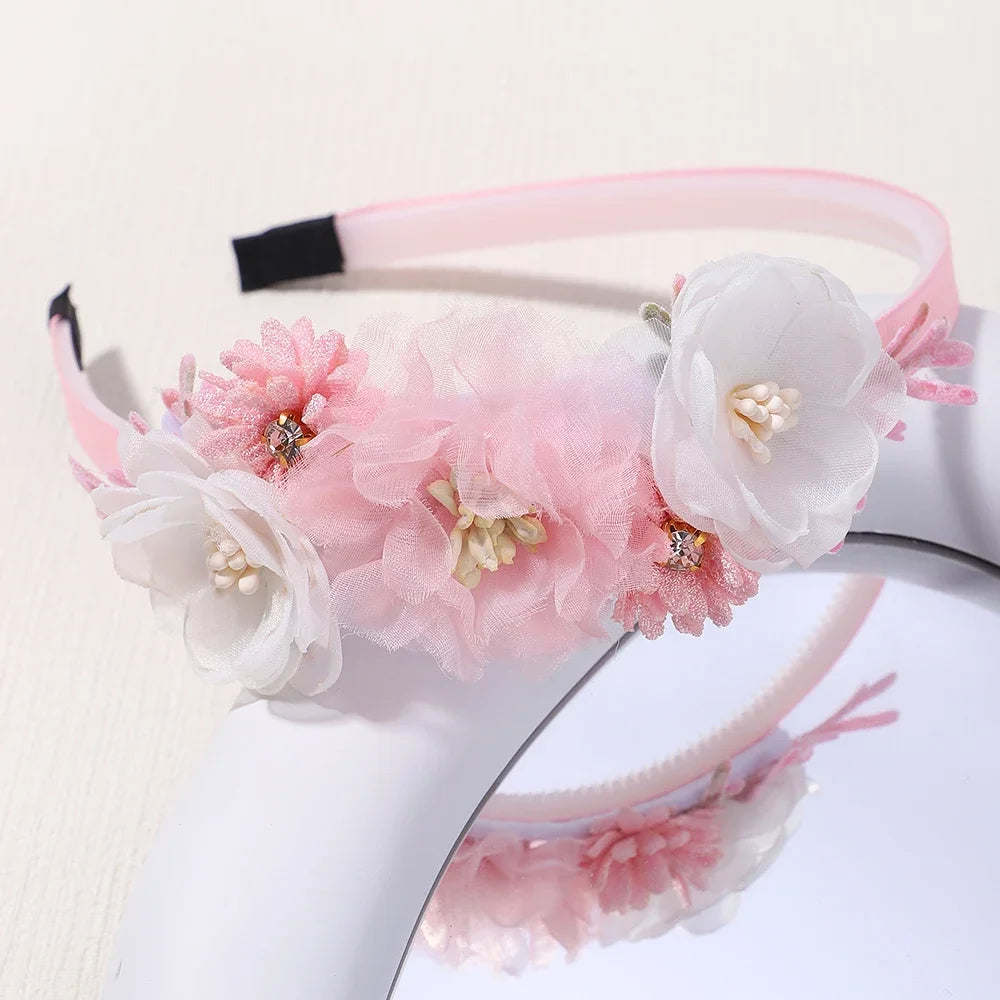 Handmade Head Flower Girls Headbands Baby Hairband Pearl Feather Wedding Princess Kids Dance Party Headwear Newborn Accessories