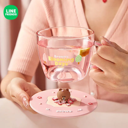 360Ml Anime Brown Bear Transparent Glass Cup with Lid Kawaii Pink Girls Milk Coffee Heat Insulation Water Mug Valentine Day Gift