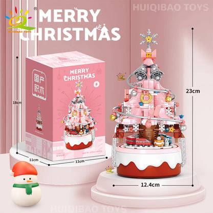 HUIQIBAO Children Mini Christmas Tree Santa Claus Music Box Model Micro Bricks Building Block DIY Bricks Toys for Adult Gift