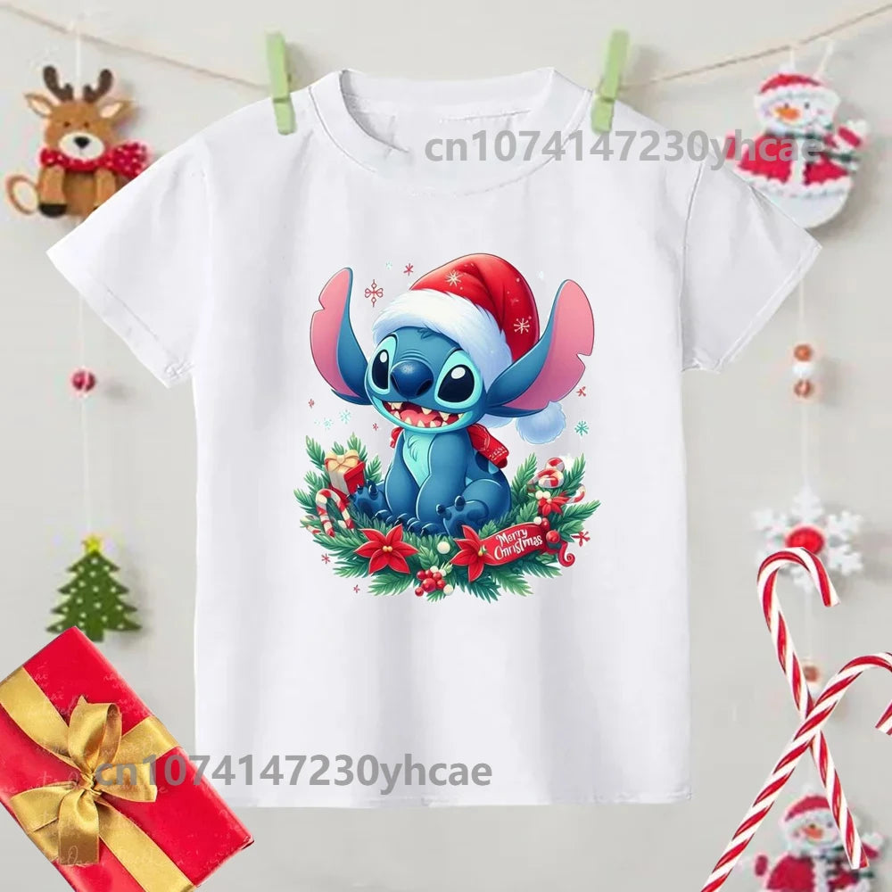 Merry Christmas Lilo Stitch Kids Tshirts Baby Holiday T-Shirt Tees Girls Party T Shirt with Clothes Kids Fashion Tops Tshirt