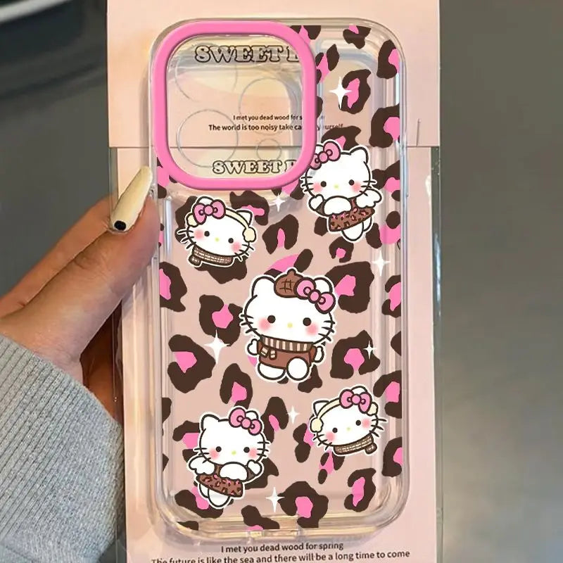 Sanrio Hello Kitty Pink Leopard Print Phone Case For iPhone 15 14 13 12 11Pro Max 78Plus XR XS MAX Y2K Girl Anti Fall Back Cover