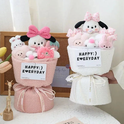 Hot Sanrio Bow Knot Pochacco Plush Dolls Bouquet Flower Girls Creative Valentine's Day Kawaii Cartoon Graduation New Year Gifts