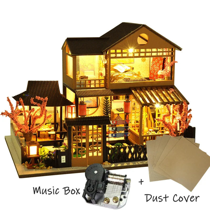 Diy Wooden Miniature Building Kit Doll Houses With Furniture Japanese Cuisine Casa Dollhouse Handmade Toys For Girls Xmas Gifts