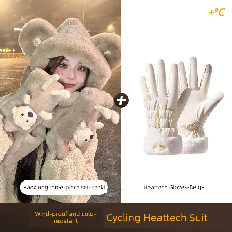 Cute Bear Hat Heattech Scarf Integrated Hooded Women's Autumn and Winter Heattech Gloves Thick Fleece Three-Piece Set