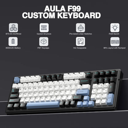 AULA F99 Machanical Keyboard Bluetooth 5.0/2.4G Wireless/Wired Gasket-mounted Gaming Keyboard 99 Keys Customizable Keyboards