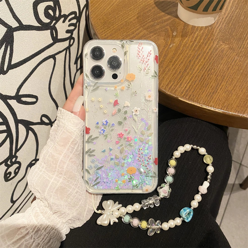 Flowers Glitter Liquid Quicksand Phone Case For iPhone 16 15 14 13 12 11 Pro Max Acrylic Cover Dynamic Sand Fundas Shell