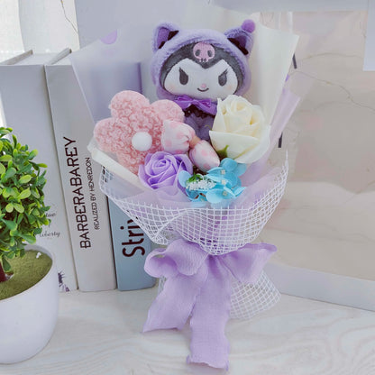 Cartoon My Melody Kuromi Cinnamoroll Kt Cat Plush Doll Holding Flower Bouquet Valentine's Day Christmas Graduation Birthday Gift