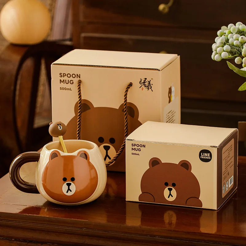 LINEFRIEND Brown Bear Big Belly Cup Ceramic Mug Cute Cartoon Breakfast Milk Coffee Cup Cup Spoon Set