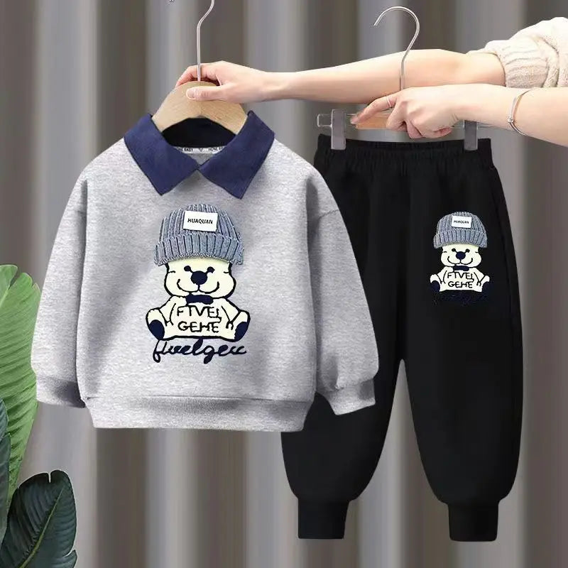 Autumn Baby Girls Clothes Set Children Boy Lapel Cartoon Printed Pullover Sweatshirts And Pants 2pcs Suit Children Tracksuits