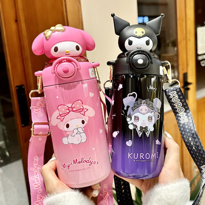 Sanrio Kuromi Thermos Cup Crayon Shin Chan Cute  Water Bottle Keeps Cold Stainless Steel Children Straw School Students