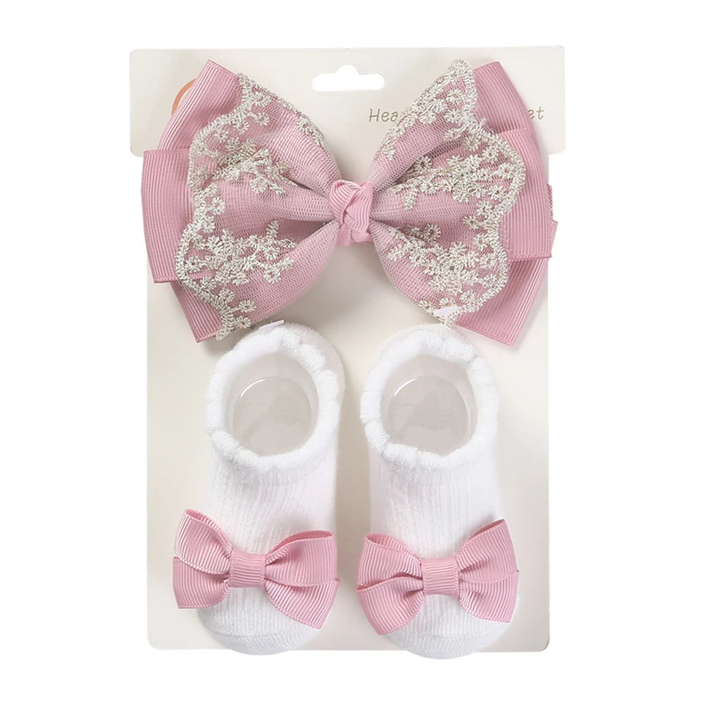 3Pcs/Set Solid Cotton Baby Non-Slip Socks Mini Ribbon Bow Boutique Gold Lace Elastic Hair Bands 0-12M Princess Girls Headwear