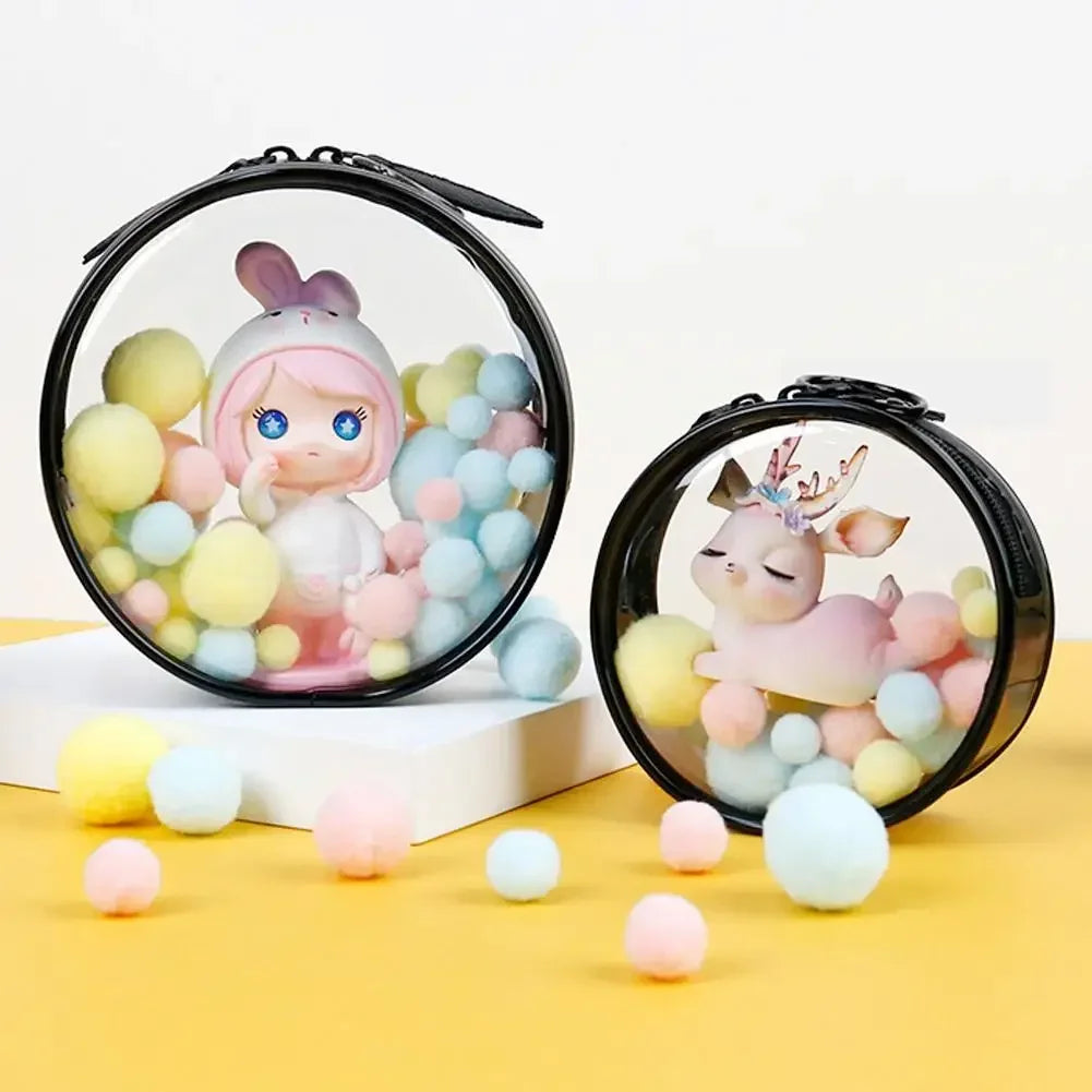 Round Portable Transparent PVC Doll Organizer Box Keychain Chain Bag Mystery Toy Boxes Double Zipper Pouch for popmart (no doll)