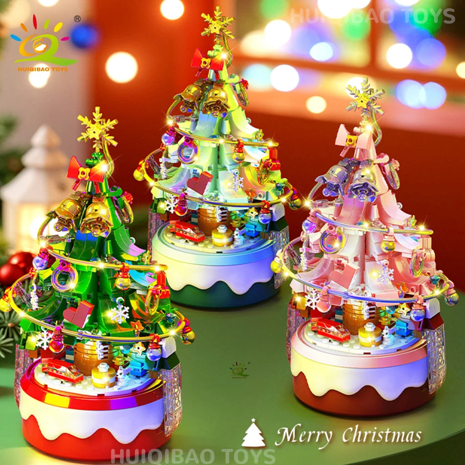 HUIQIBAO Children Mini Christmas Tree Santa Claus Music Box Model Micro Bricks Building Block DIY Bricks Toys for Adult Gift