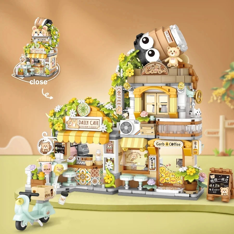 Street View Series Building blocks Izakaya Shaved Ice Shop Takoyaki Shop Coffee shop Panda Tea House model children's gift