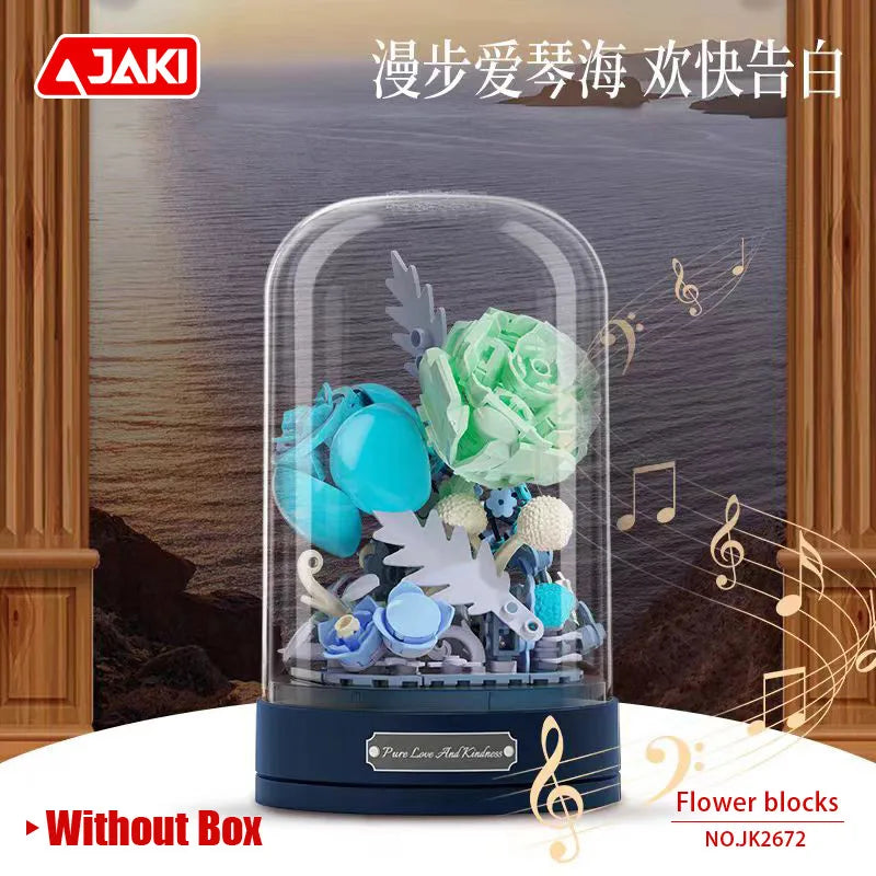 Jaki Building Block Flower Preserved Fresh Flower Rotating Music Box Rose Bouquet Assembled Toy Music Box Girl Gift