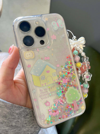 Shiny blingbling Quicksand glitter ins family bow cute bracelet phone case for iphone 11 12 13 promax 14 15 16 pro max cover