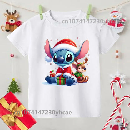 Merry Christmas Lilo Stitch Kids Tshirts Baby Holiday T-Shirt Tees Girls Party T Shirt with Clothes Kids Fashion Tops Tshirt