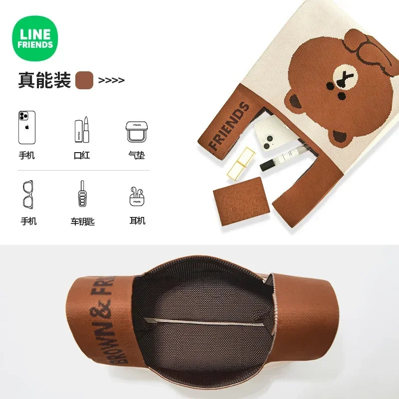 LINE FRIENDS Cony Brown Anime Kawaii Large Capacity Bag Women Work Coin Storage Wrist Bag Cartoon Shoulder Knitted Handbag Gift