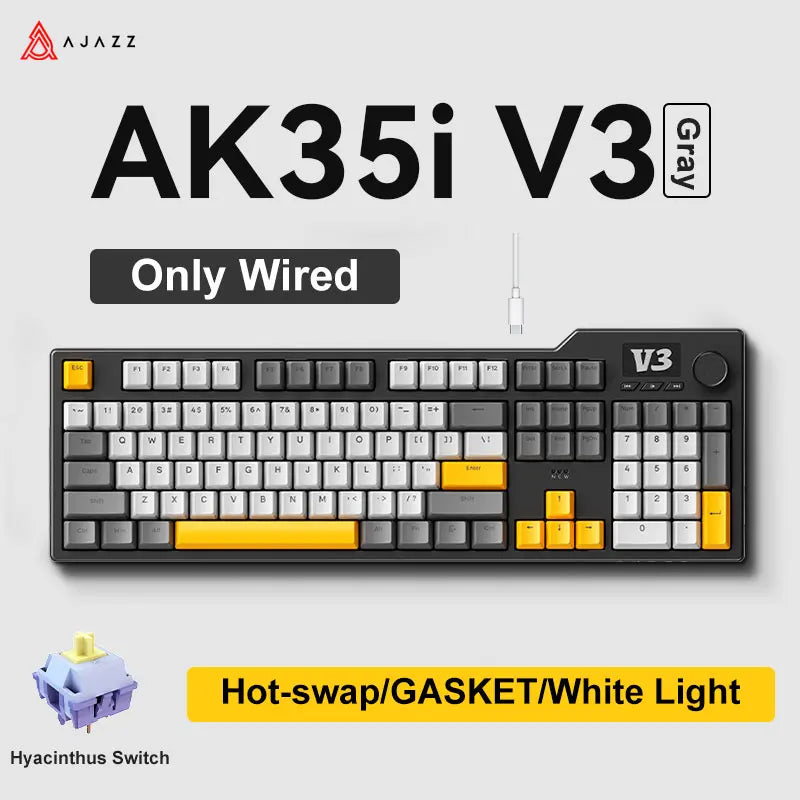 Ajazz AK35I V3 Tri-mode Wired Bluetooth Wireless Gaming Keyboard Gasket Structure Full Key Hot Swap 104 Keys Customized Keyboard