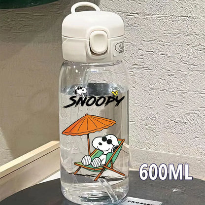 Snoopy Straw Water Cup Portable Plastic 600/400ML Charlie Browns Transparent Outdoor Large Capacity Sport Cute Water Bottle