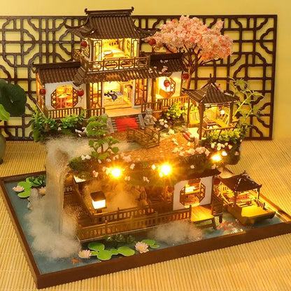 DIY Wooden Miniature Building Kit Doll Houses with Furniture Chinese Ancient Casa Dollhouse Handmade Toys for Girls Xmas Gifts