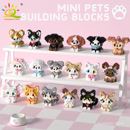 HUIQIBAO MINI Cute Pet Dog Cat Micro Building Block Model Set Kids City Cartoon Animal Diamond Bricks Educational Toys for Adult