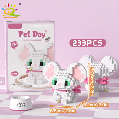 HUIQIBAO MINI Working Cat Pet Dog Micro Model Building Block Set Kids City Cartoon Animal Diamond Bricks Educational Toys Adult