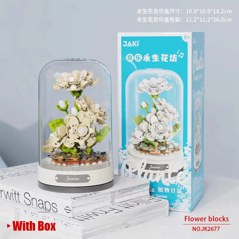 Jaki Building Block Flower Preserved Fresh Flower Rotating Music Box Rose Bouquet Assembled Toy Music Box Girl Gift