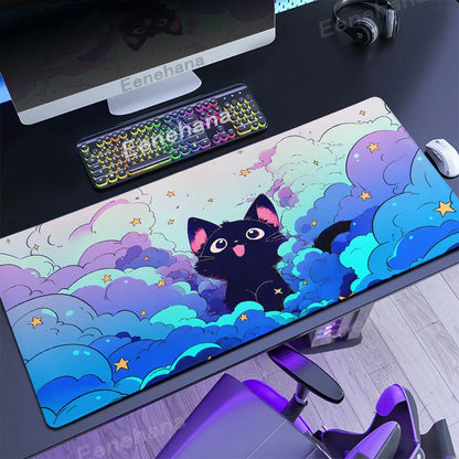 The Black Cat on the Clouds Keyboard Mouse pad Kawaii Art style patterns Pink Desk Mat PC Gamer Rug Office Carpet Home Table pad