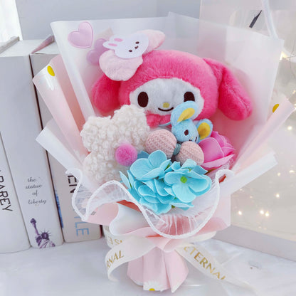 Cartoon My Melody Kuromi Cinnamoroll Kt Cat Plush Doll Holding Flower Bouquet Valentine's Day Christmas Graduation Birthday Gift