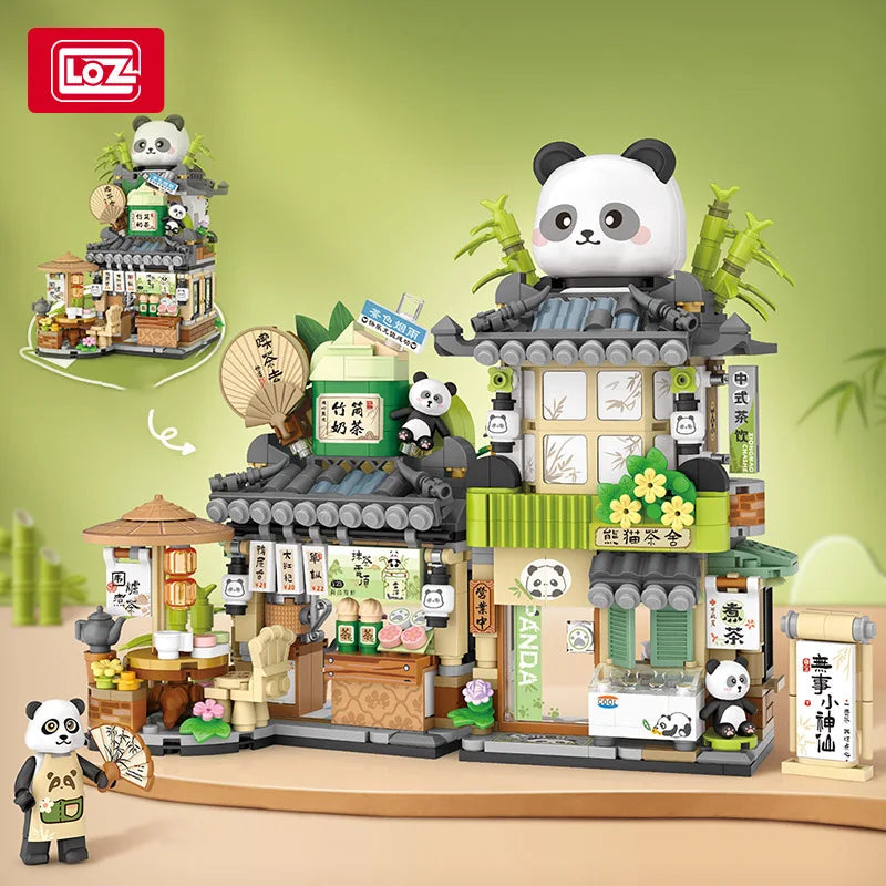 LOZ-1383 Street View series Panda Teahouse Bear Coffee Shop model matching children and adult building blocks toy gifts