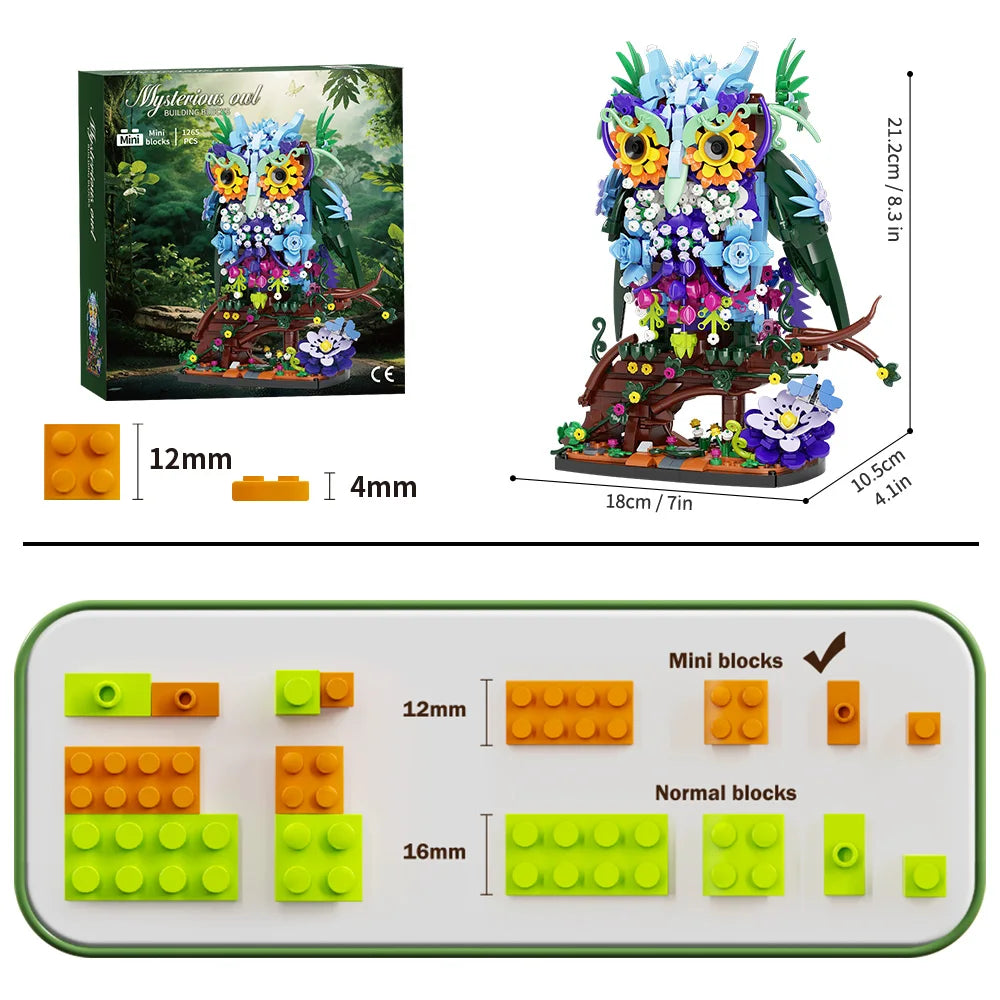 1241PCS Owl Animal Flowers Building Toy Set MOC Floral Collectible Model for Home Decor Office Art Halloween Christmas Gifts