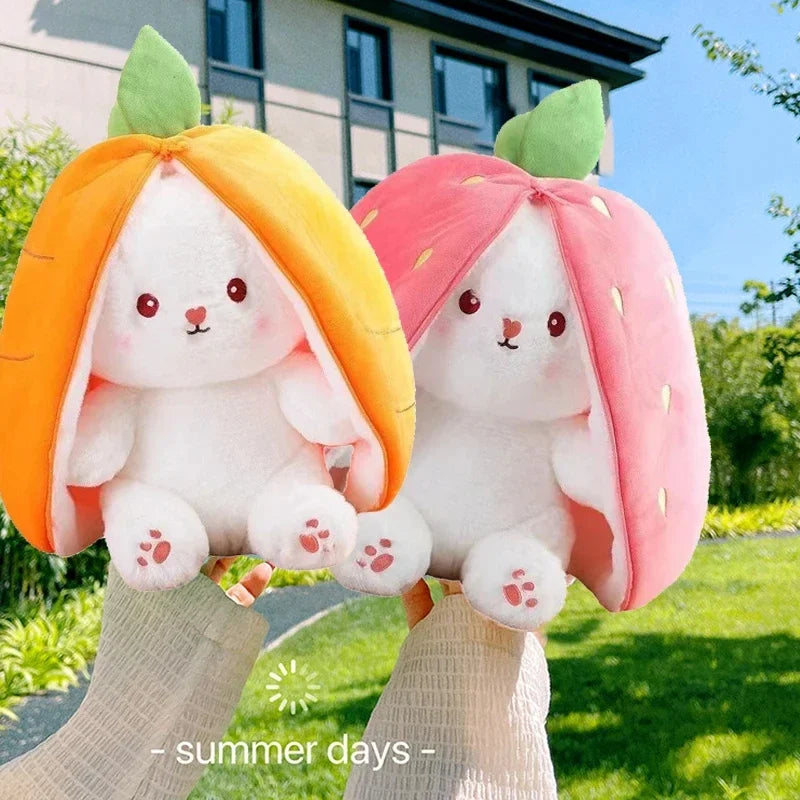 New hot selling 23/28/35cm Cute strawberry rabbit carrot turned into Soft doll plush pillow toys Creative Bag Transform baby toy