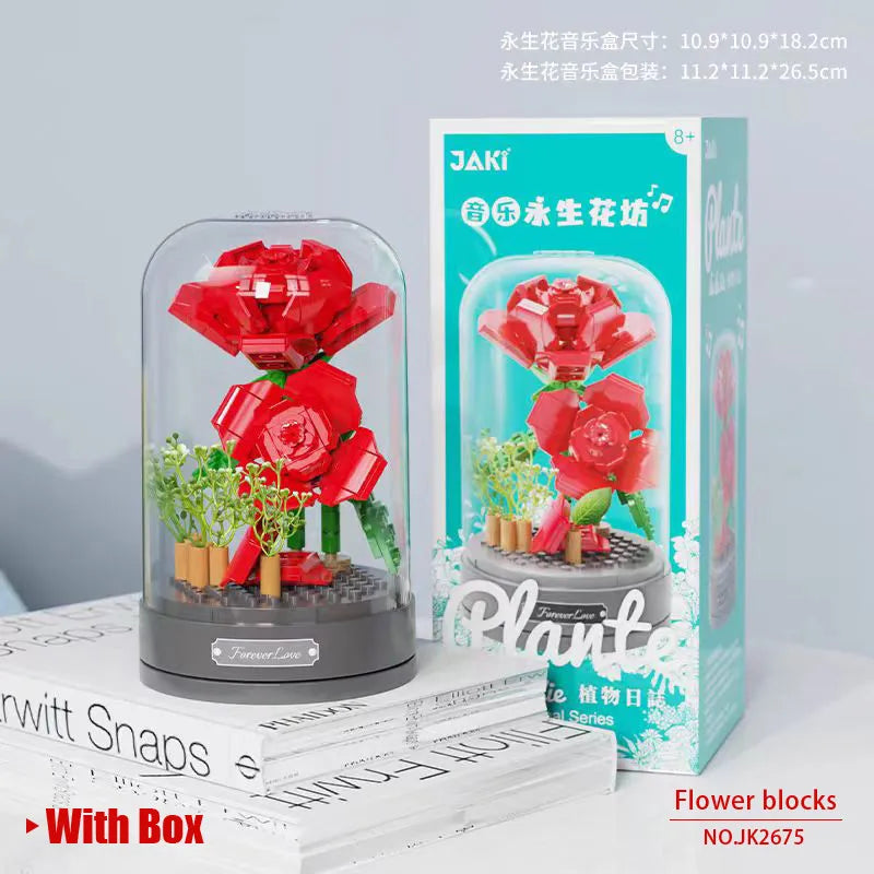 Jaki Building Block Flower Preserved Fresh Flower Rotating Music Box Rose Bouquet Assembled Toy Music Box Girl Gift