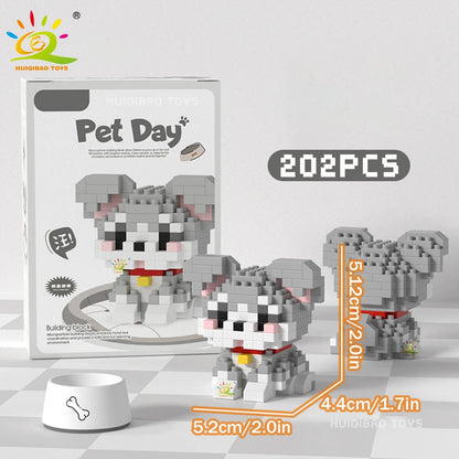 HUIQIBAO MINI Working Cat Pet Dog Micro Model Building Block Set Kids City Cartoon Animal Diamond Bricks Educational Toys Adult