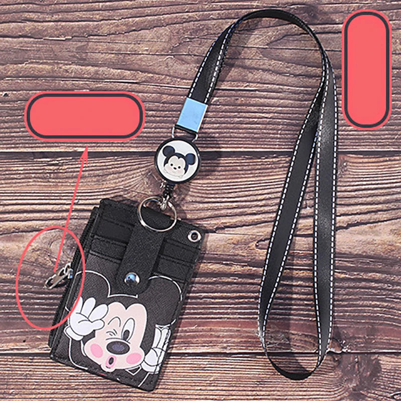 Disney Anime Mickey Hanging Neck Retractable Card Holder Campus Cartoon Stitch Id Card Shell Leather Case Bus Card Bag Gift