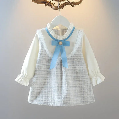 Baby Girl Autumn New Dress Bow Doll Collar Long Sleeved Princess Skirt Plaid Girls' Clothing