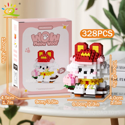 HUIQIBAO MINI Working Cat Pet Dog Micro Model Building Block Set Kids City Cartoon Animal Diamond Bricks Educational Toys Adult