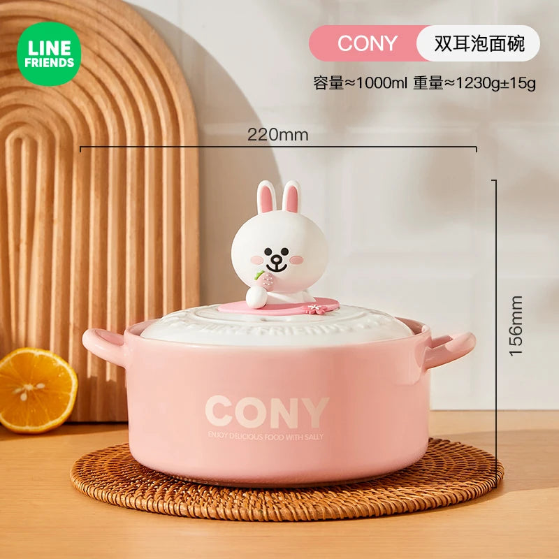 LINE FRIENDS Double Ear Instant Noodles Bowl for Home Dining Dormitory Student Rice Bowl Dish Ceramic Soup Bowl Dormitory Bowl