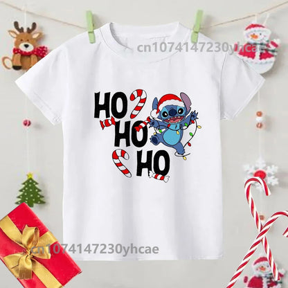 Merry Christmas Lilo Stitch Kids Tshirts Baby Holiday T-Shirt Tees Girls Party T Shirt with Clothes Kids Fashion Tops Tshirt