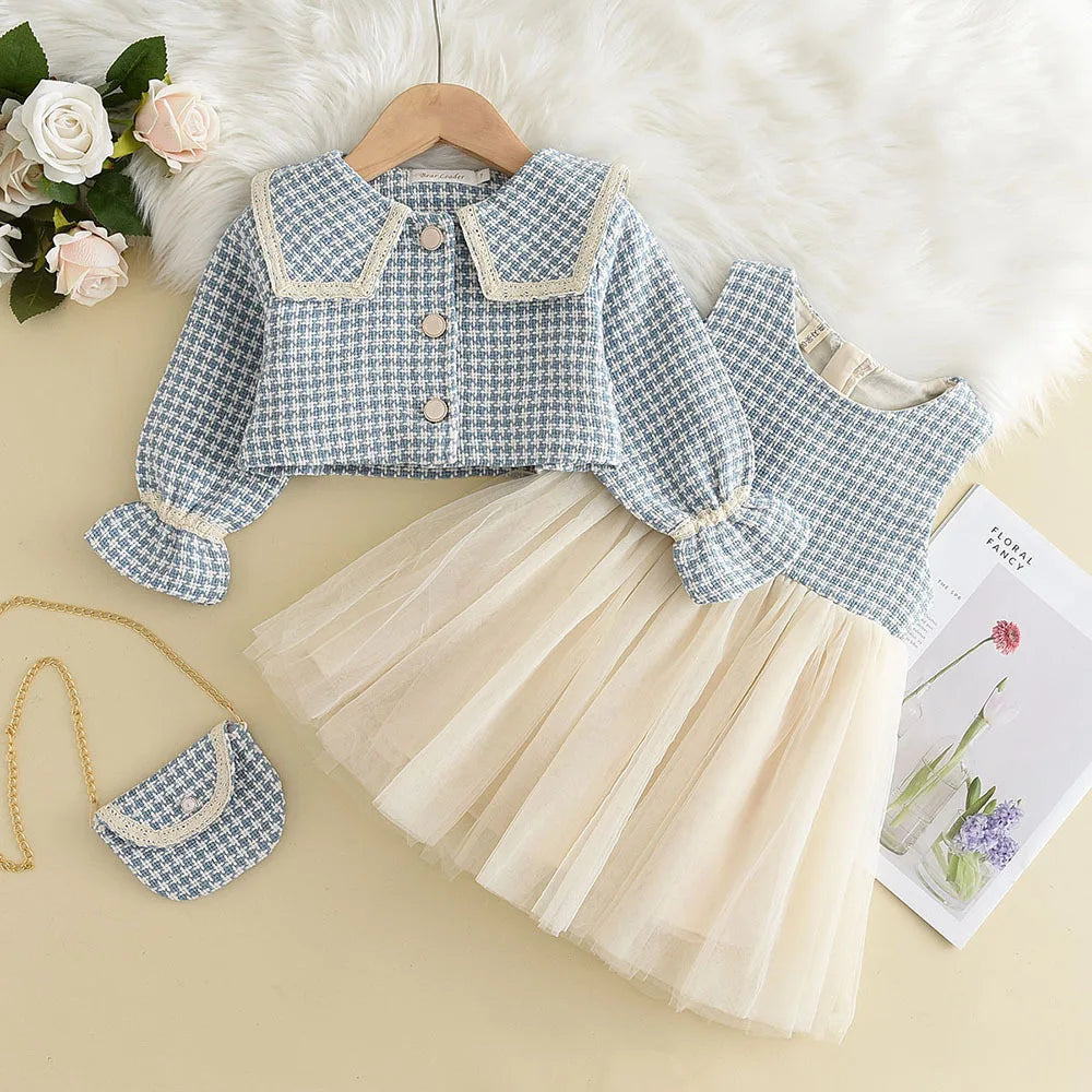 Children Girls Clothes Set Spring Autumn Girls Plaid Vest Dress Retro Outwear Coat 2 Pcs Fashion Baby Party Dress