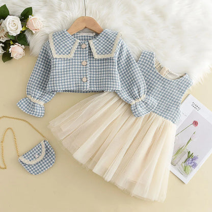 Children Girls Clothes Set Spring Autumn Girls Plaid Vest Dress Retro Outwear Coat 2 Pcs Fashion Baby Party Dress