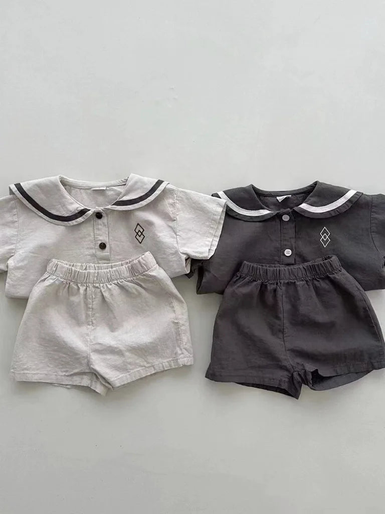 2025 Summer New Baby Short Sleeve Clothes Set Infant Boy Girl Casual Shorts Suit Toddler Navy Collar Geometry Patterns Outfits