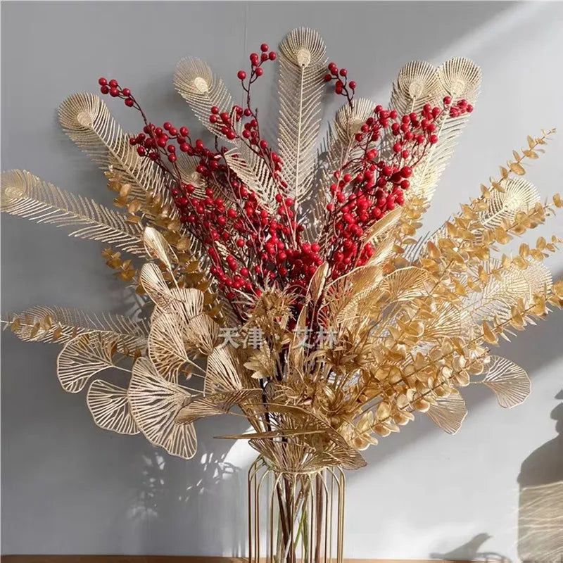 Gold Series Artificial Plants Leaf Wedding Supplies Flower Arrangement Materials Fake Floral Bouquet Christmas Home Decor Props