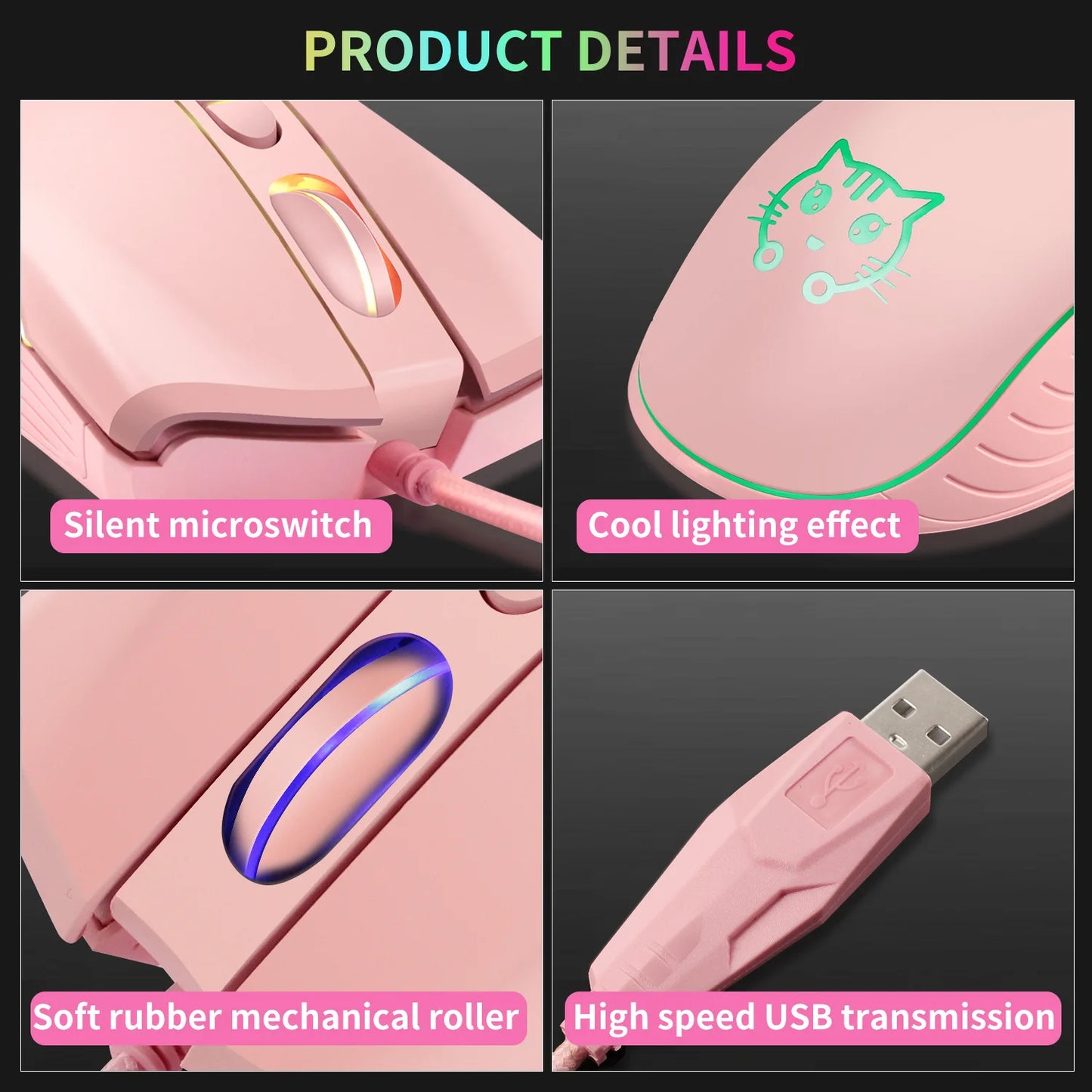 USB Wired Gaming Mouse Pink Computer Professional E-sports Mause 2400 DPI Colorful Backlit Silent Mice for Lol Data Laptop Pc