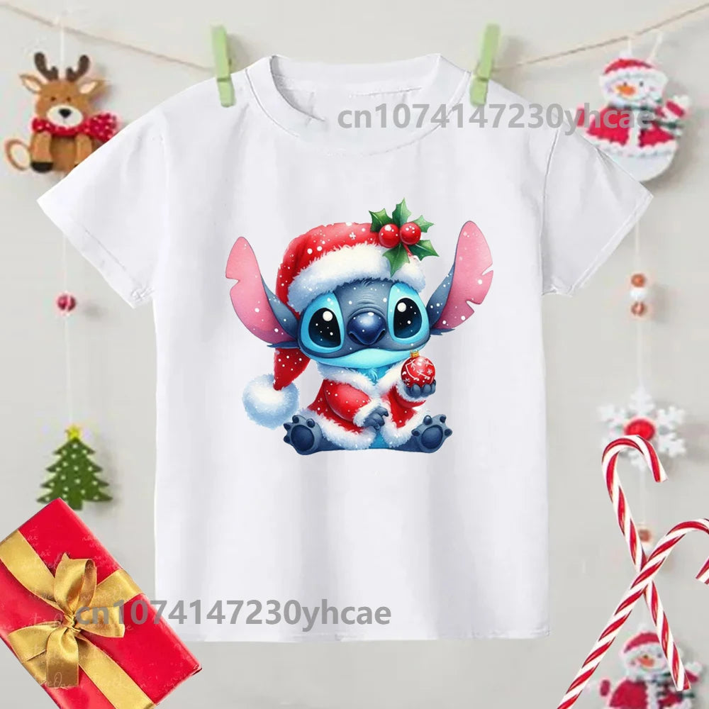 Merry Christmas Lilo Stitch Kids Tshirts Baby Holiday T-Shirt Tees Girls Party T Shirt with Clothes Kids Fashion Tops Tshirt