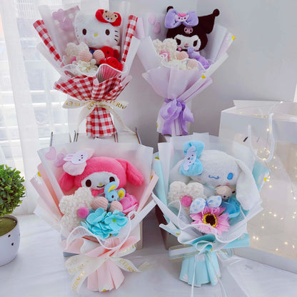 Cartoon My Melody Kuromi Cinnamoroll Kt Cat Plush Doll Holding Flower Bouquet Valentine's Day Christmas Graduation Birthday Gift